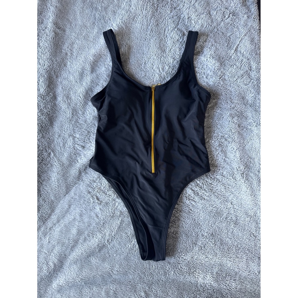Black High Cut One Piece‎ Swimsuit Gold Front Zip Bodysuit Womens Size Medium